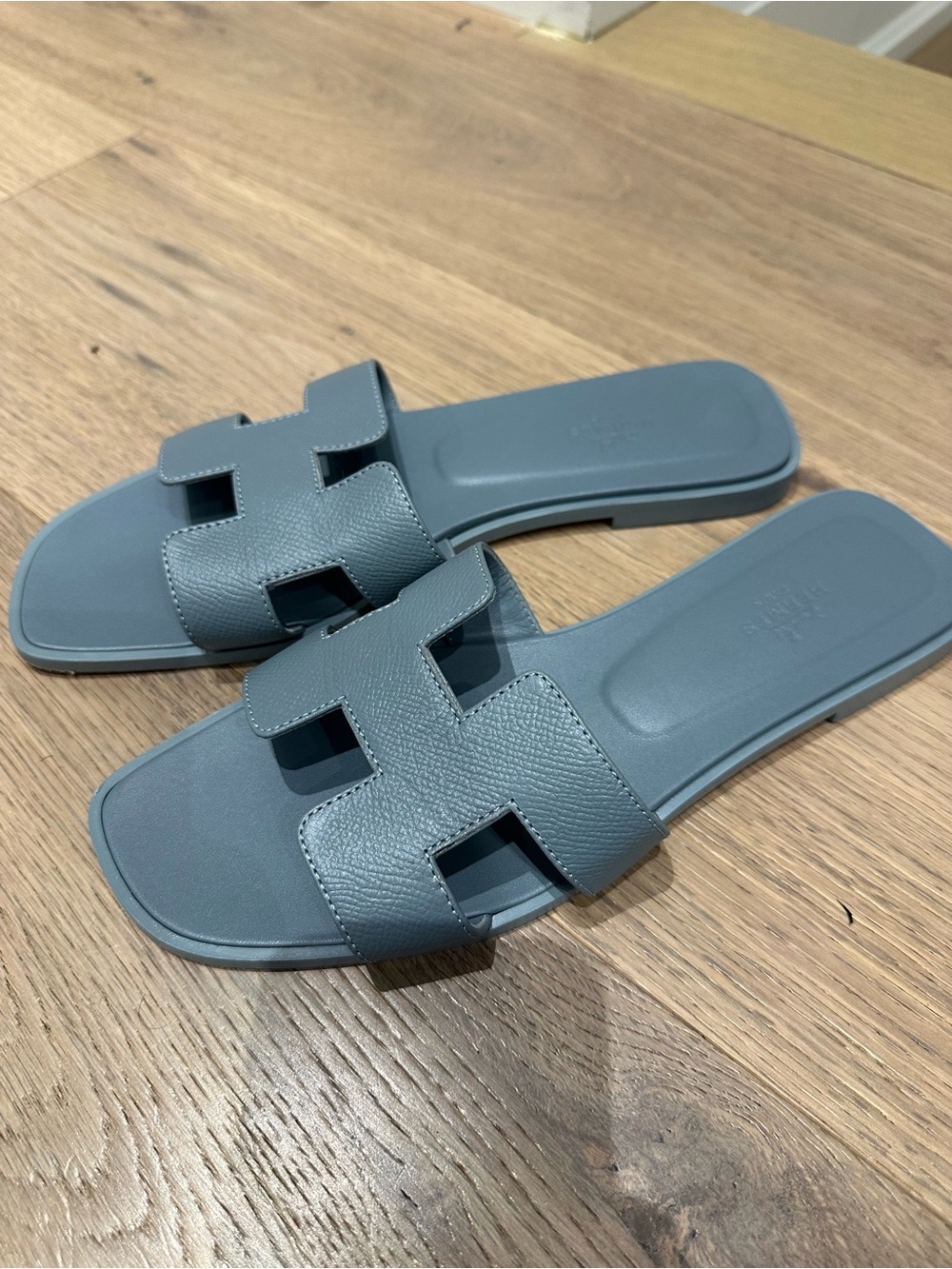 Authentic Hermes Slate Blue Oran Leather Slide Sandals - Women's